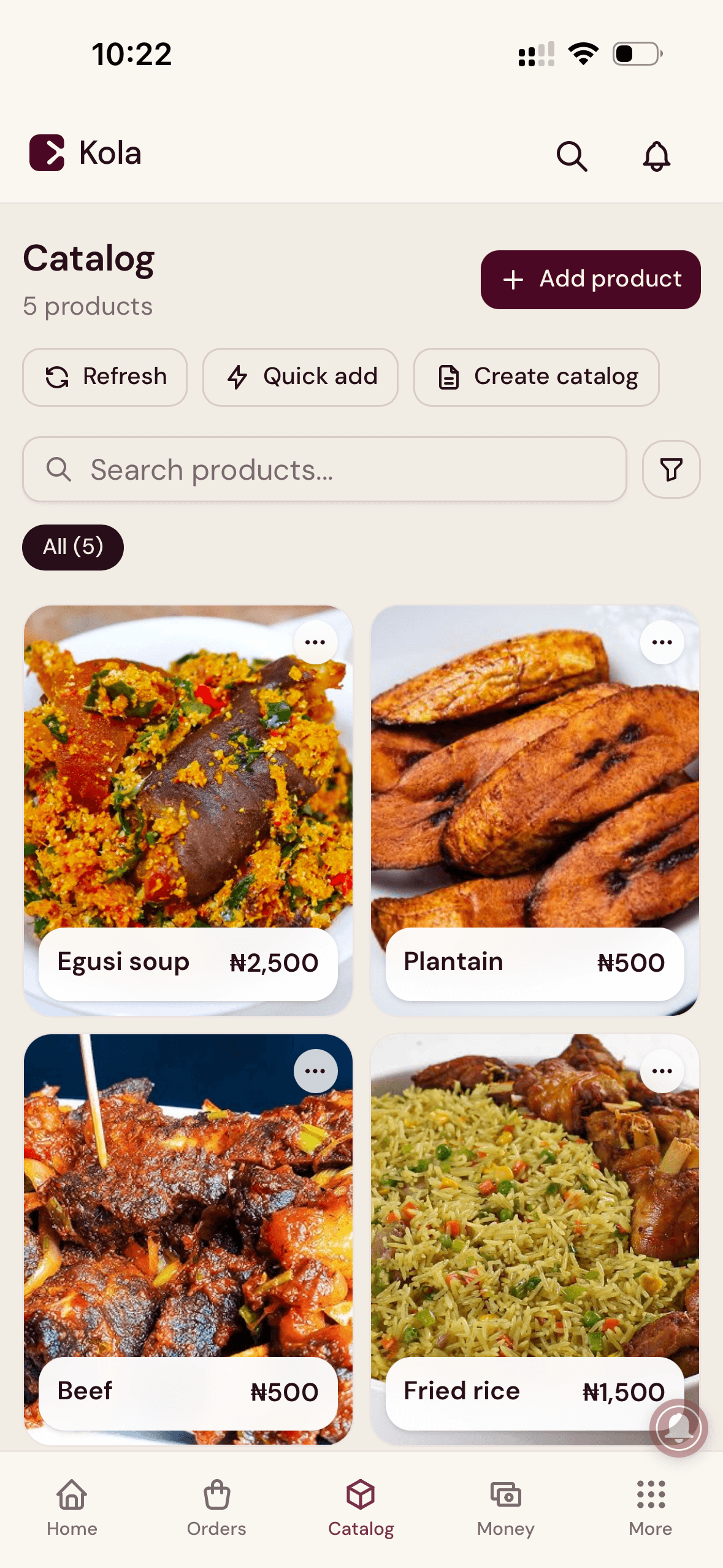 Kola merchant dashboard orders