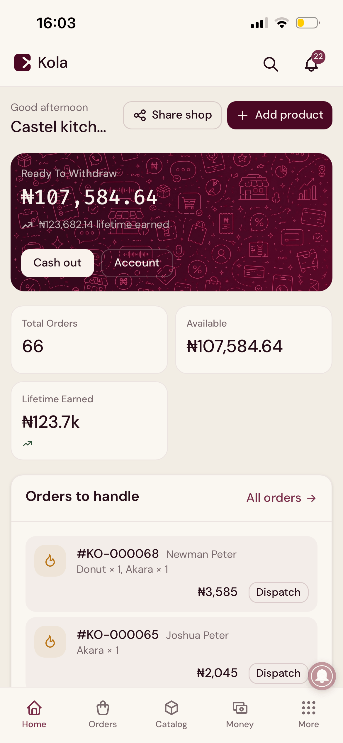 Kola merchant dashboard
