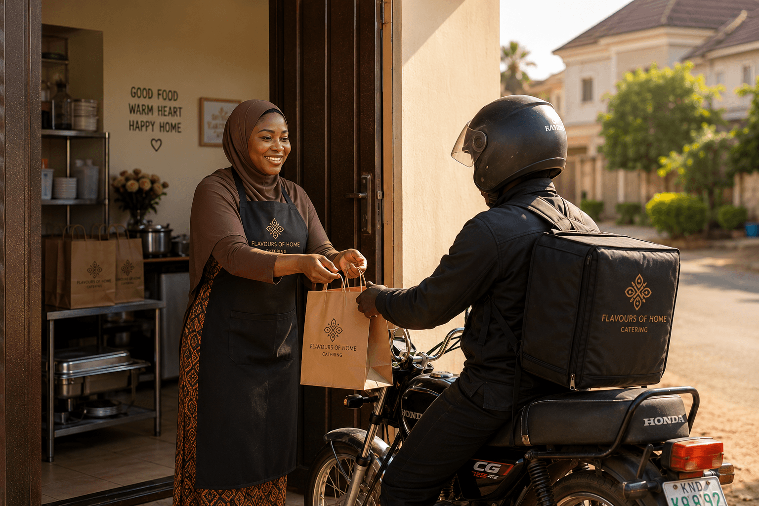 Handing delivery bags to a rider